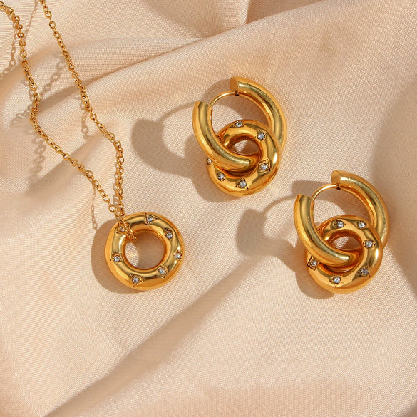 Women's Fashion Elegant Ring Buckle Ear Ring And Donut Pendant Necklace Stainless Steel 18K Gold Plated With Geometric Design