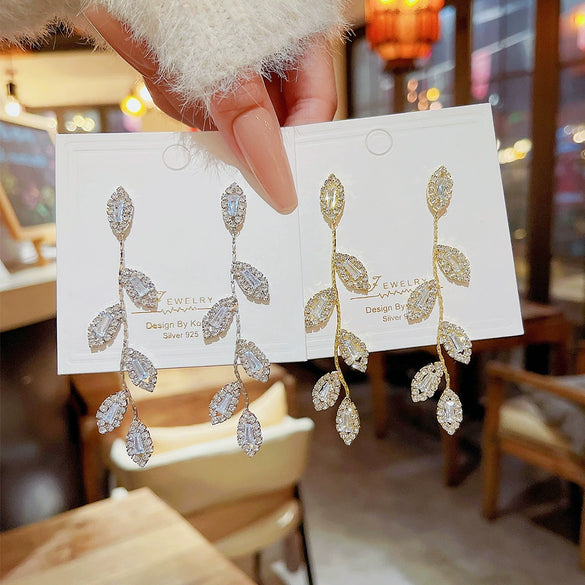 Women's Fashion Exaggerated Long Elegant Tassel Earrings 925 Silver Copper Leaves Design