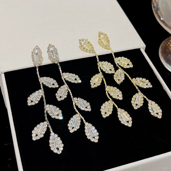 Women's Fashion Exaggerated Long Elegant Tassel Earrings 925 Silver Copper Leaves Design
