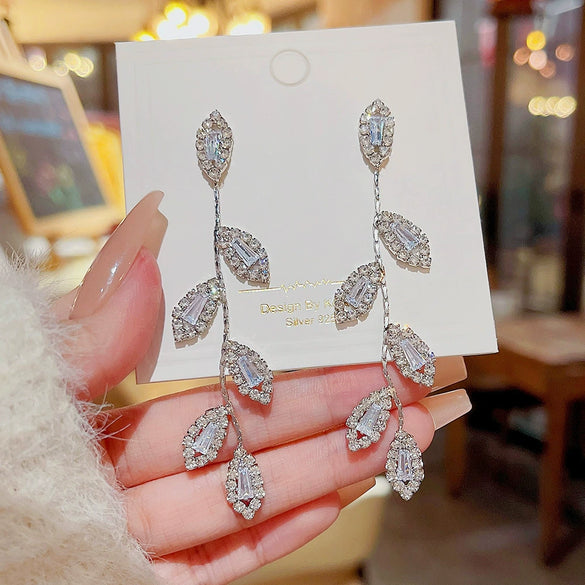 Women's Fashion Exaggerated Long Elegant Tassel Earrings 925 Silver Copper Leaves Design