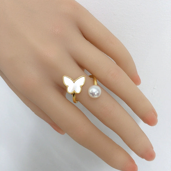 Women's Fashion Exquisite Natural Sea Shell Butterfly Copper Ring With Freshwater Pearls