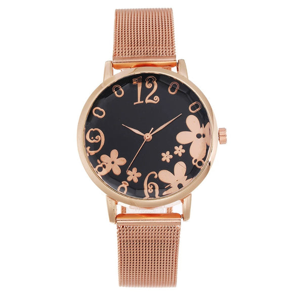 Women's Fashion Flower Quartz Watch With Alloy Case Metal Strap And Stainless Steel Clasp Round Dial