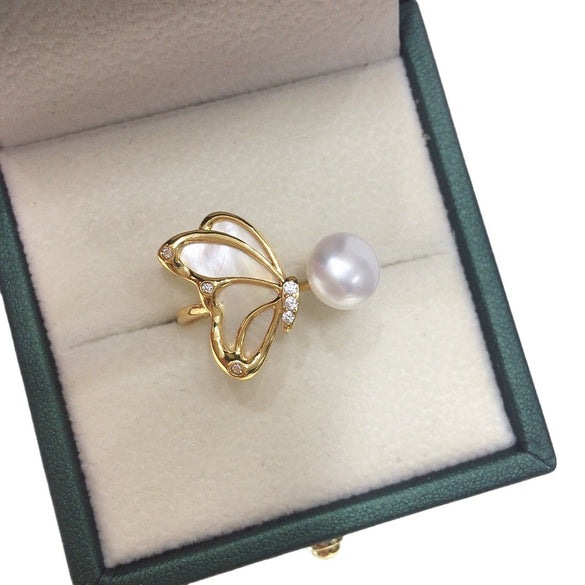 Women's Fashion Freshwater Pearl Ring Copper 18K Goldfilled Round Natural Sea Motherofpearl Coreless