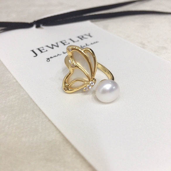 Women's Fashion Freshwater Pearl Ring Copper 18K Goldfilled Round Natural Sea Motherofpearl Coreless