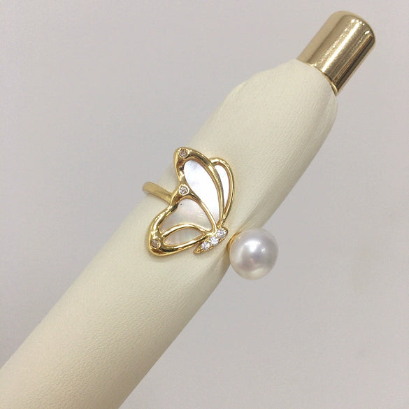 Women's Fashion Freshwater Pearl Ring Copper 18K Goldfilled Round Natural Sea Motherofpearl Coreless