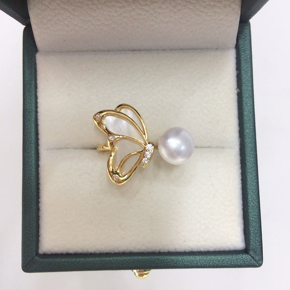 Women's Fashion Freshwater Pearl Ring Copper 18K Goldfilled Round Natural Sea Motherofpearl Coreless