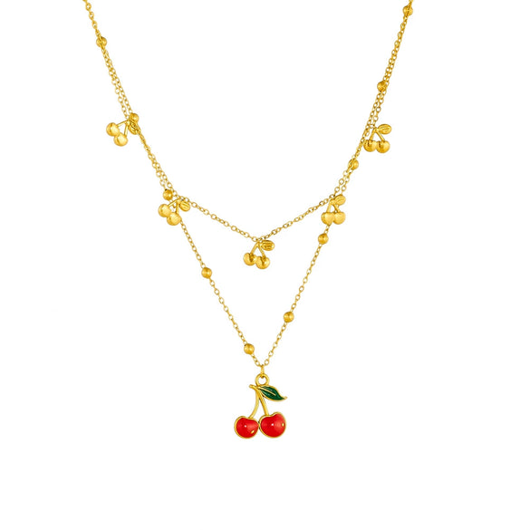 Women's Fashion Fruit Style Stainless Steel Cherry Pendant Doublelayered O Word Chain Necklace With Electroplating
