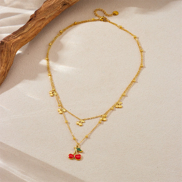 Women's Fashion Fruit Style Stainless Steel Cherry Pendant Doublelayered O Word Chain Necklace With Electroplating