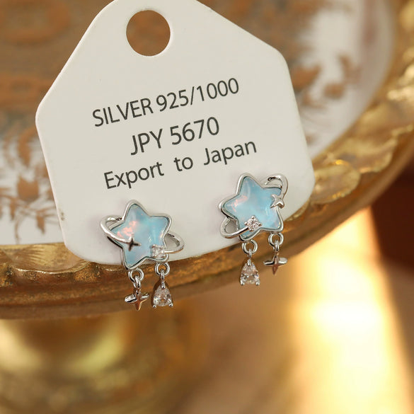 Women's Fashion Geometric Copper Earrings With Surrounding Stars Blue Glass Fairy Tassels Electroplated