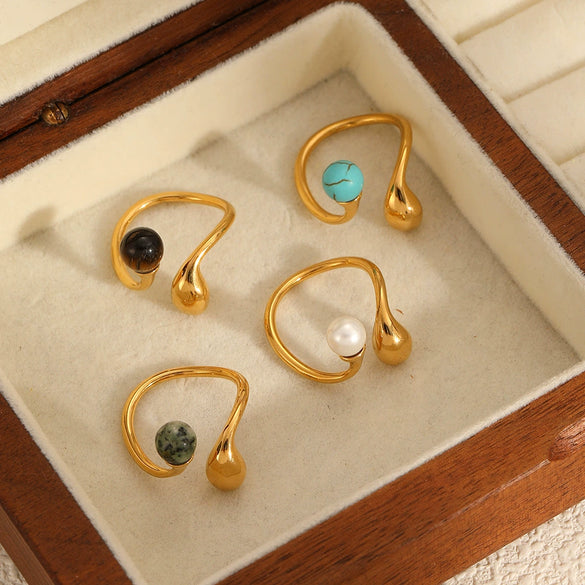 Women's Fashion Geometric Doubleheaded Open Irregular Stainless Steel Ring With Natural Stone And Electroplating