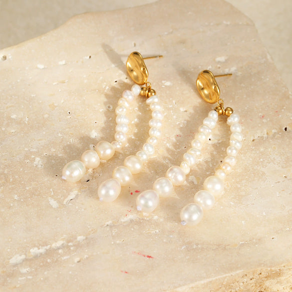 Women's Fashion Geometric Freshwater Pearl Rice Beads Tassel Earrings Stainless Steel 18K Gold Plated