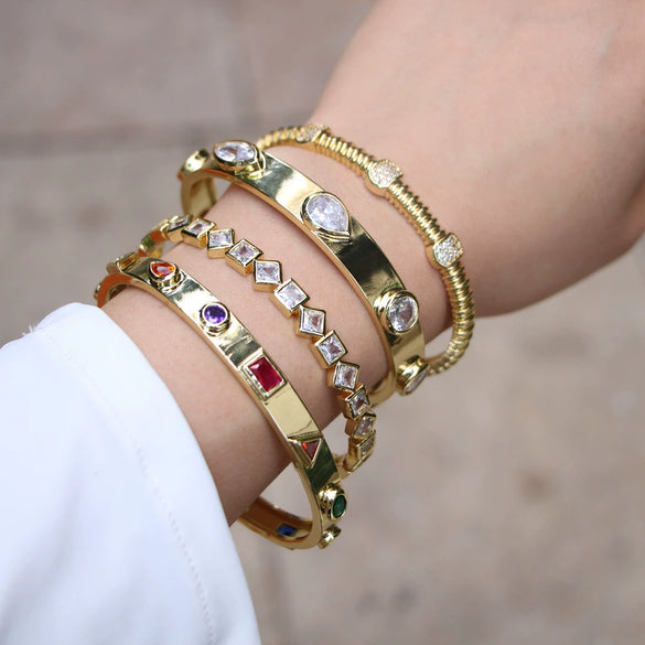 Women's Fashion Geometric Open Bracelet Copper Gold Plated Electroplated White Zircon Inlay Bangle With Creative Personality Style