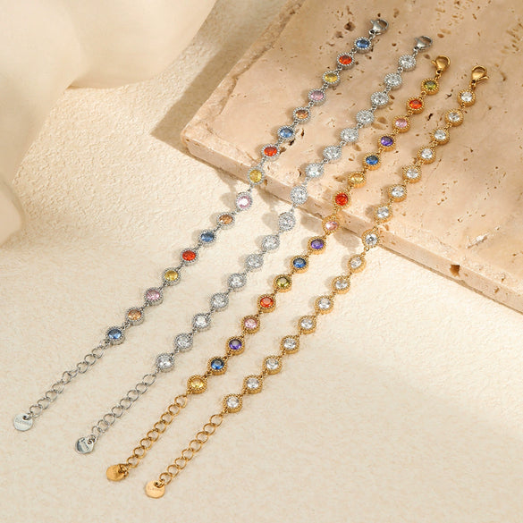 Women's Fashion Geometric Stainless Steel And 18K Gold Plated Bracelet With Colorful Zircon