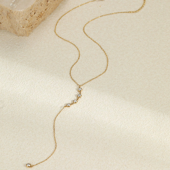 Women's Fashion Geometric Stainless Steel And 18K Inlaid Color Zircon Finger Bracelet And Clavicle Chain Jewelry With Electroplating