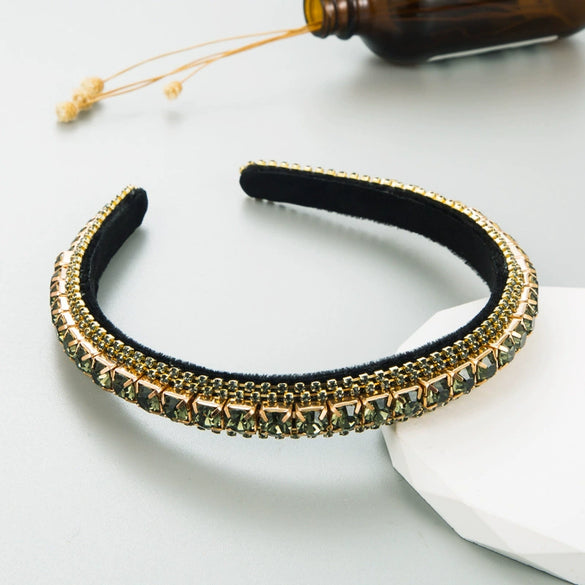 Women's Fashion Headband Rhinestone Diamond Gold Velvet Baroque Geometric Style