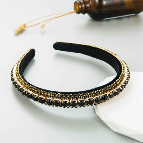 Women's Fashion Headband Rhinestone Diamond Gold Velvet Baroque Geometric Style