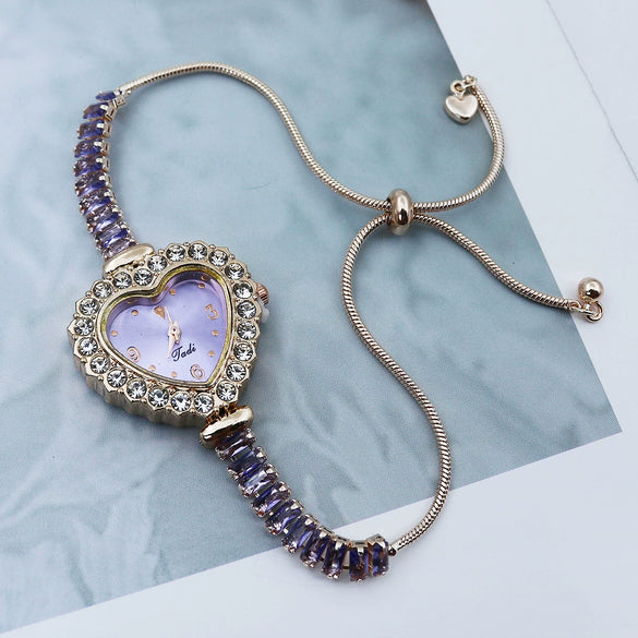 Women's Fashion Heartshaped Alloy Bracelet Watch With Diamondencrusted And Printed Logo