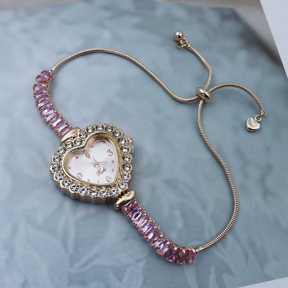 Women's Fashion Heartshaped Alloy Bracelet Watch With Diamondencrusted And Printed Logo