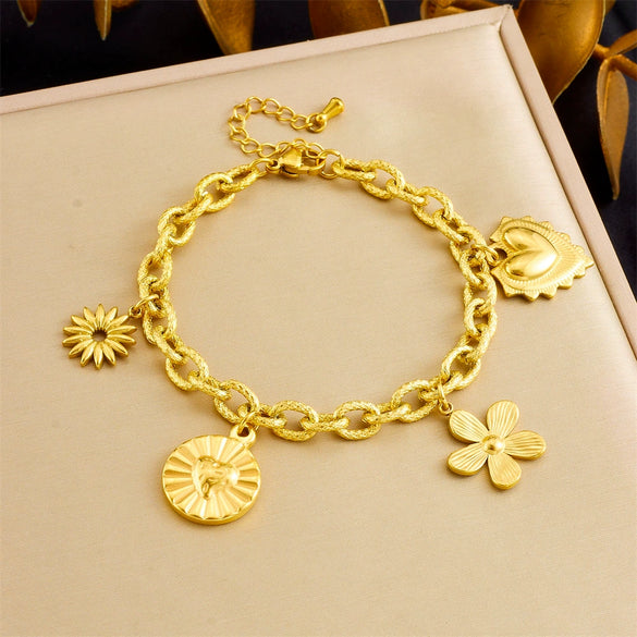 Women's Fashion Heavy Metal Stainless Steel Chain Bracelet With Gold Plated Flower Pendant