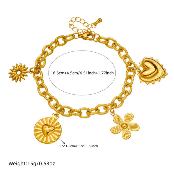 Women's Fashion Heavy Metal Stainless Steel Chain Bracelet With Gold Plated Flower Pendant