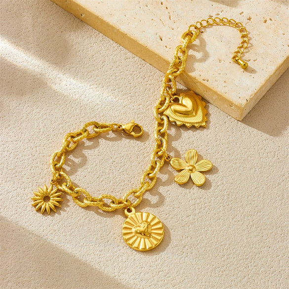 Women's Fashion Heavy Metal Stainless Steel Chain Bracelet With Gold Plated Flower Pendant