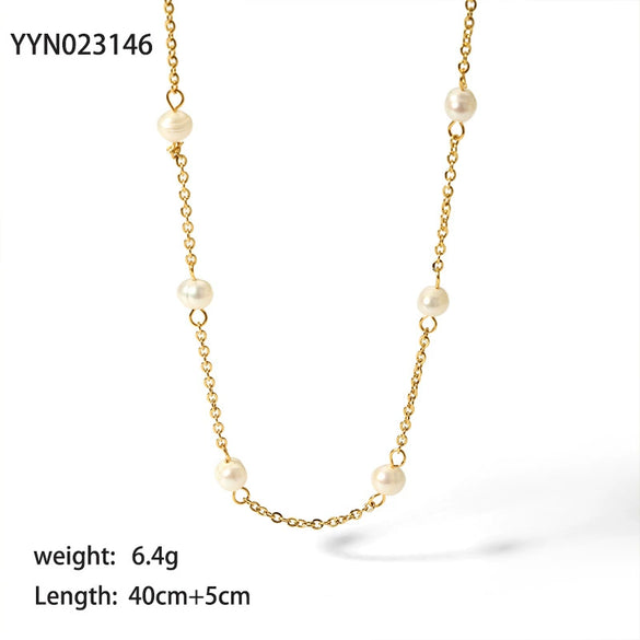 Women's Fashion High End Light Luxury Niche Stainless Steel Clavicle Chain Necklace With 18K Gold Pvdp Furnace Real Gold Treatment And Natural Freshwater Pearl And Geometric Design