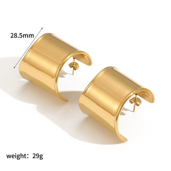 Women's Fashion Highend Geometric Cshaped Stainless Steel Earrings With Flower Pattern 18K Goldplated