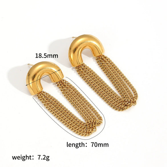 Women's Fashion Highend Tassel Chain Earrings Stainless Steel Ushaped Geometric 18K Goldplated