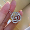 Women's Fashion Jewelry Copper Ring And Earrings With Camellia Pattern And Zirconia Design