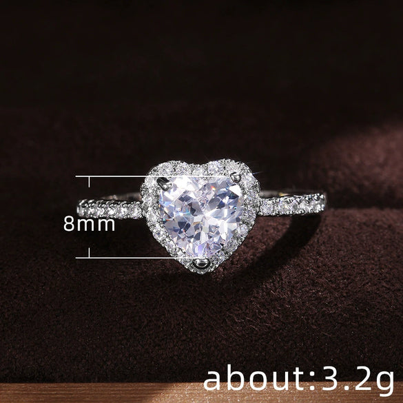 Women's Fashion Jewelry Heartshaped Copper Silver Plated Zircon Diamondencrusted Ring