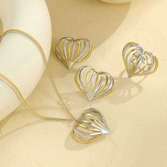 Women's Fashion Jewelry Set With Heart Shape Stainless Steel Rings And Earrings Electroplated