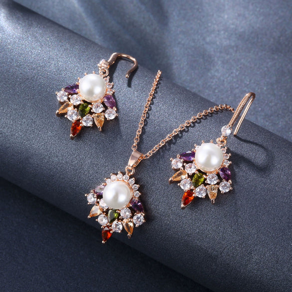 Women's Fashion Jewelry Set With Zircon Pearl Flower Pendant And Rose Gold Plated Environmental Protection Copper Ochain And Diamond Design