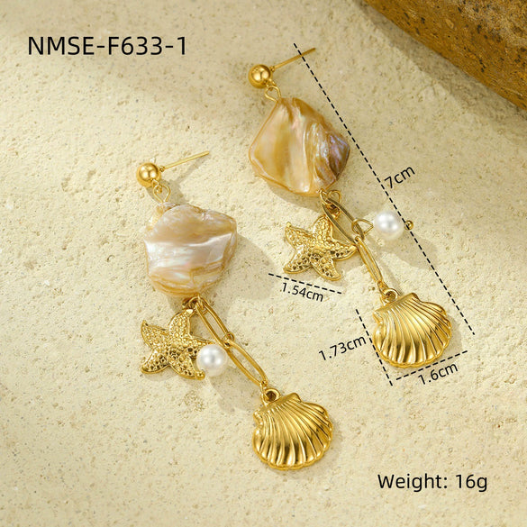 Women's Fashion Jewelry Stainless Steel Geometric Style Shell Clavicle Chain Starfish Coral Set With Electroplating Necklace Earrings Bracelet