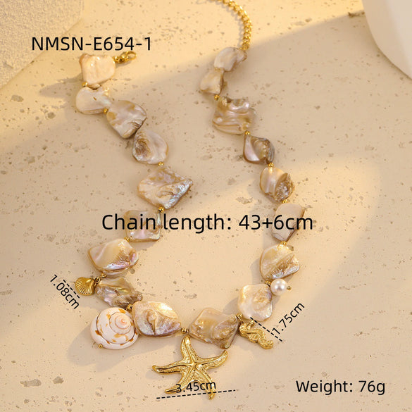 Women's Fashion Jewelry Stainless Steel Geometric Style Shell Clavicle Chain Starfish Coral Set With Electroplating Necklace Earrings Bracelet