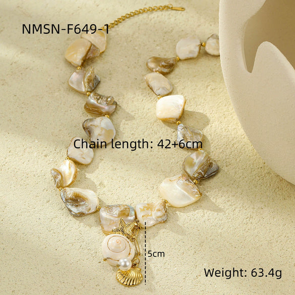 Women's Fashion Jewelry Stainless Steel Geometric Style Shell Clavicle Chain Starfish Coral Set With Electroplating Necklace Earrings Bracelet