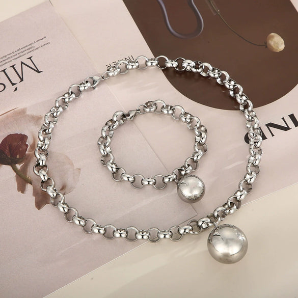 Women's Fashion Jewelry Twopiece Set With Titanium Steel And Pearl Chain And Large Ball Design