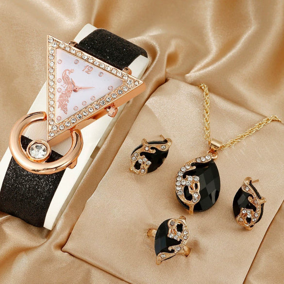 Women's Fashion Leather Watch With Inverted Triangle Diamond Set And Alloy Case