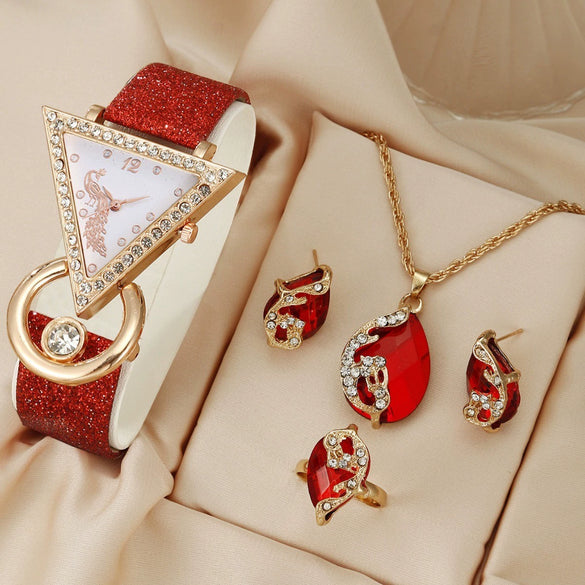 Women's Fashion Leather Watch With Inverted Triangle Diamond Set And Alloy Case