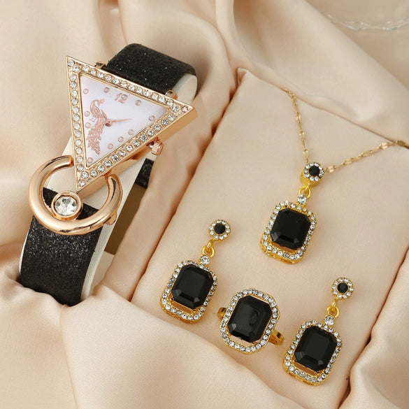 Women's Fashion Leather Watch With Inverted Triangle Diamond Set And Alloy Case