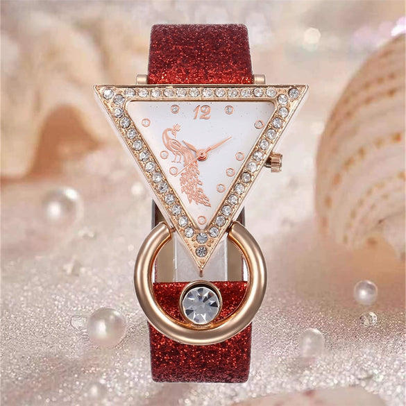 Women's Fashion Leather Watch With Inverted Triangle Diamond Set And Alloy Case
