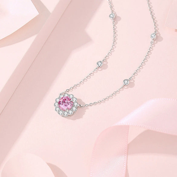 Women's Fashion Light Luxury Silver Round Star Dot Necklace With Pink Zircon And Cross Chain Geometric Design