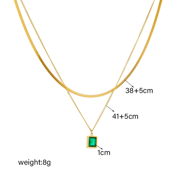 Women's Fashion Light Luxury Simple Stainless Steel Emerald Transparent Square Gemstone Pendant Snake Bone Chain Multilayer Versatile Necklace With Electroplating
