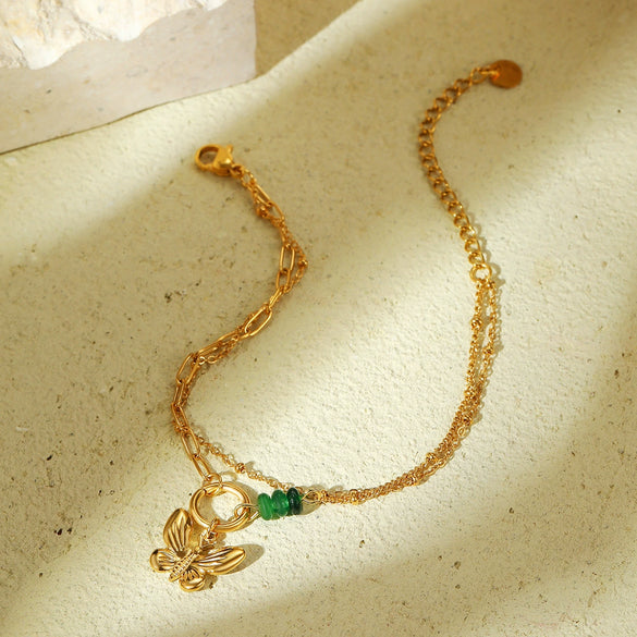 Women's Fashion Light Luxury Stainless Steel Beaded Butterfly Natural Stone Bracelet With Electroplating