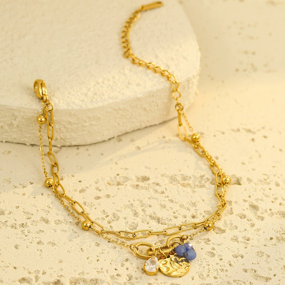 Women's Fashion Light Luxury Titanium Steel And Stainless Steel Bracelet With Water Drop Zircon Pearl Pendant And Electroplating Treatment