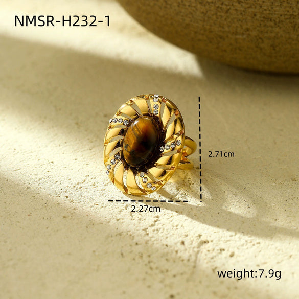 Women's Fashion Light Luxury Titanium Steel Earrings With Oval Tiger Eye Stone And Diamond Electroplated Geometric Design