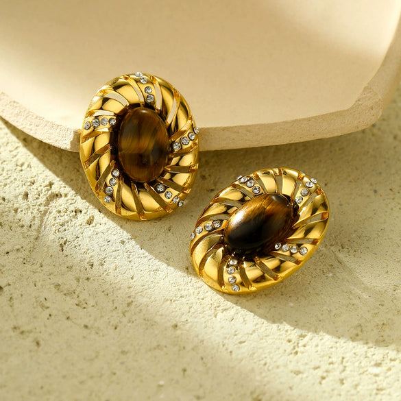 Women's Fashion Light Luxury Titanium Steel Earrings With Oval Tiger Eye Stone And Diamond Electroplated Geometric Design