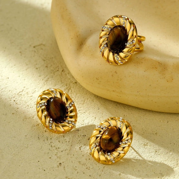 Women's Fashion Light Luxury Titanium Steel Earrings With Oval Tiger Eye Stone And Diamond Electroplated Geometric Design