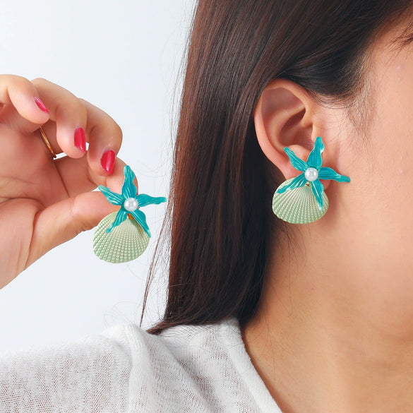 Women's Fashion Marine Style Zinc Alloy Geometric Starfish Shell Imitation Pearl Earrings