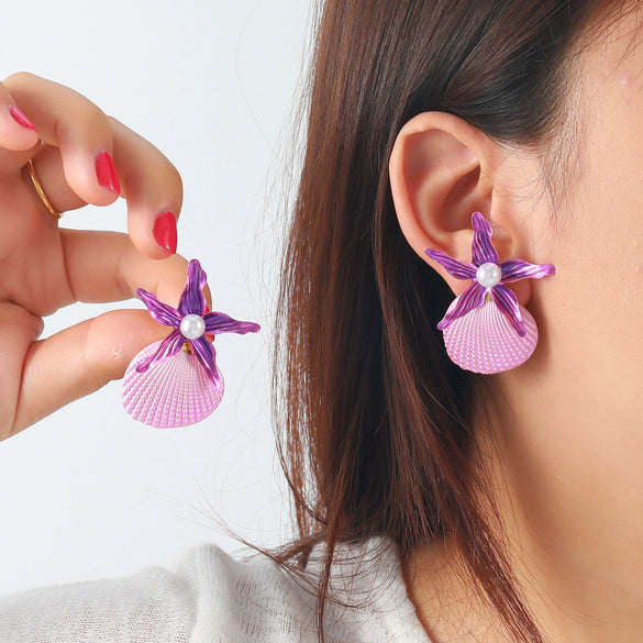 Women's Fashion Marine Style Zinc Alloy Geometric Starfish Shell Imitation Pearl Earrings
