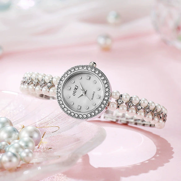 Women's Fashion Metal Alloy Stainless Steel Pearl Chain Round Dial Fritillary Pattern Watch